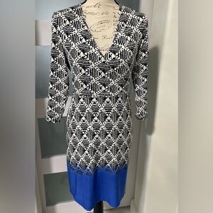 AA Studio Blue White Black Midi Dress Long Sleeve V-Neck Sheath